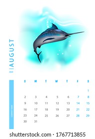 Calendar for 2020 with swordfish. Vector design template with illustrations of sea animals.