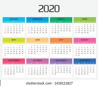 Calendar 2020 template. 12 Months. include holiday event. Week Starts Sunday