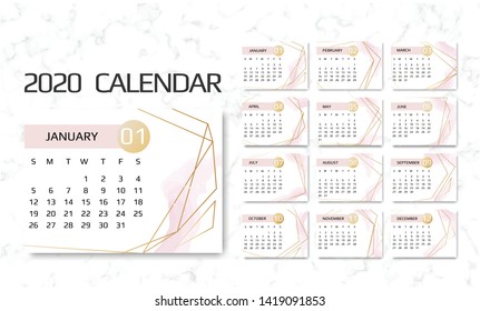 Calendar 2020 template. 12 Months. Design with Geometrical art lines. Week Starts Sunday