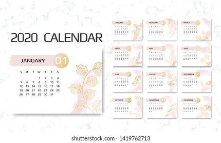 Calendar 2020 template. 12 Months. Design with Geometrical art lines. Week Starts Sunday