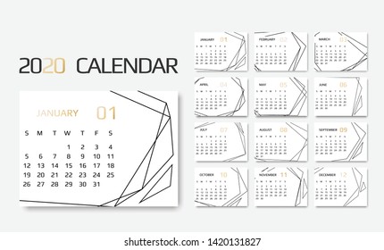 Calendar 2020 template. 12 Months. Design with Geometrical art lines. Week Starts Sunday
