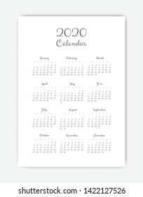 Calendar 2020 template. 12 Months. include holiday event. Week Starts Sunday