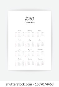 Calendar 2020 template. 12 Months. include holiday event. Week Starts Sunday