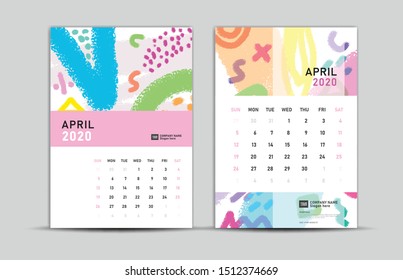 Calendar 2020 template, APRIL, Desk calendar 2020, memphis style backgrounds, vector layout, printing media, advertisement, a5, a4, a3 size