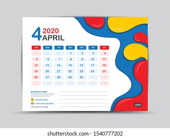Calendar 2020 template, APRIL, Desk calendar 2020 template, Fluid colorful background, advertisement, Trendy minimal, creative design