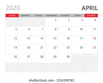 Calendar 2020 template, APRIL 2020 year, corporate design planner template. red background