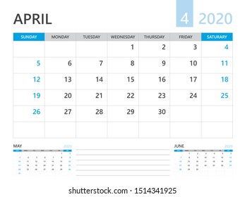 Calendar 2020 template, APRIL 2020 year, desk calendar 2020 layout, corporate design planner template. blue background