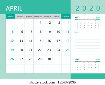 Calendar 2020 template, APRIL 2020 year, desk calendar 2020 layout, corporate design planner template. Green background
