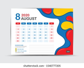 Calendar 2020 template, AUGUST, Desk calendar 2020 template, Fluid colorful background, advertisement, Trendy minimal, creative design
