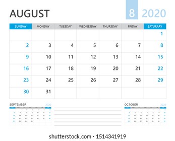 Calendar 2020 template, AUGUST 2020 year, desk calendar 2020 layout, corporate design planner template. blue background