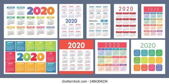 Calendar 2020 template. Calender design set. Vector square, horizontal and vertical layout. Colorful English collection. Week starts on Sunday