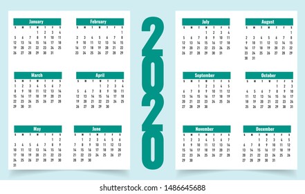 Calendar 2020 template. Calender design. Creative and simple layout. Colorful English collection. Week starts on Sunday