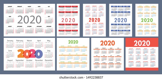 Calendar 2020 template. Calender design set. Vector square, horizontal and vertical layout. Colorful English collection. Week starts on Sunday