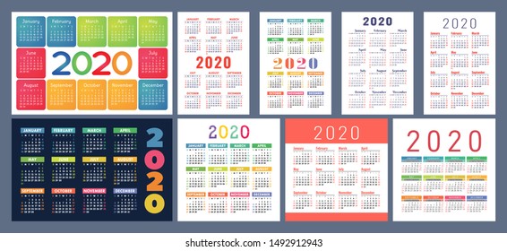 Calendar 2020 template. Calender design set. Vector square, horizontal and vertical layout. Colorful English collection. Week starts on Sunday