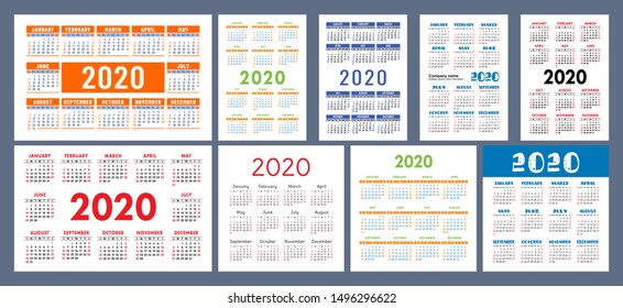 Calendar 2020 template. Calender design set. Vector square, horizontal and vertical layout. Colorful English collection. Week starts on Sunday