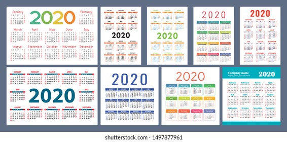 Calendar 2020 template. Calender design set. Vector square, horizontal and vertical layout. Colorful English collection. Week starts on Sunday