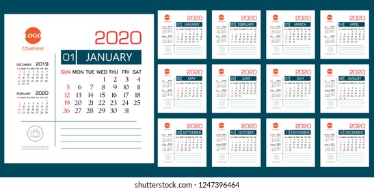 Calendar 2020 template creative design , cover design, Set of 12 Months, Week starts Sunday, Stationery design, flyer layout, printing media, brochure, poster. 