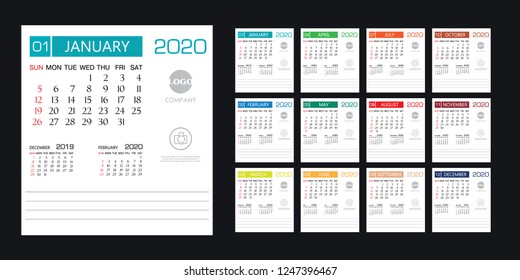 Calendar 2020 template creative design, cover design, Set of 12 Months, Week starts Sunday, Stationery design, flyer layout, printing media, brochure or poster design