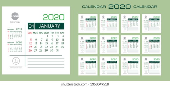 Calendar 2020 template creative design in green color, cover design, Set of 12 Months, Week starts Sunday, Stationery design, flyer layout, printing media, brochure. 