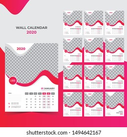 Calendar 2020 template creative design , cover design, Set of 12 Months, Week starts Sunday, Stationery design, flyer layout, printing media, brochure, poster.