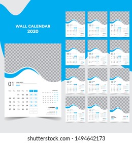 Calendar 2020 template creative design , cover design, Set of 12 Months, Week starts Sunday, Stationery design, flyer layout, printing media, brochure, poster.