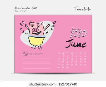 Calendar 2020 template with Cute Pig vector illustration, June, Chinese desk calendar 2020, Lettering calendar, hand drawn pigs cartoon Can be used for postcard, gift card, banner, poster, flyer