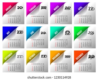 Calendar 2020 template. Calendar design in black and white colors, holidays in red colors on colored stickers. Vector illustration. Isolated on white background.