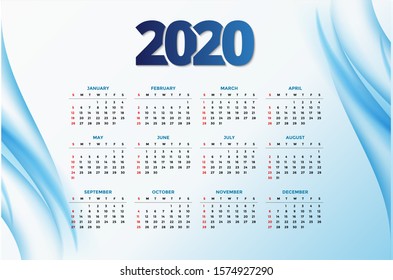 Calendar 2020 template design with blue wave. 2020 calendar vector