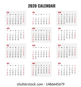 Calendar 2020 template. Calendar design. Creative and simple layout. Colorful English collection. Week starts on Sunday