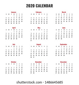 Calendar 2020 template. Calendar design. Creative and simple layout. Colorful English collection. Week starts on Sunday
