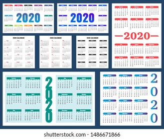 Calendar 2020 template. Calendar design. Creative and simple layout. Colorful English collection. Week starts on Sunday