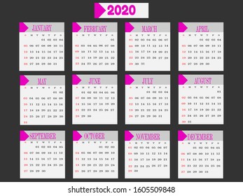 Calendar 2020 template. Design calendar simple with pink color. good for company templates, web templates, etc.