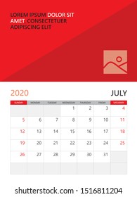 Calendar 2020 template, Desk calendar, wall calendar 2020, JULY month, poster, planner template. red background, simple vertical artwork