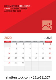 Calendar 2020 template, Desk calendar, wall calendar 2020, JUNE month, poster, planner template. red background, simple vertical artwork