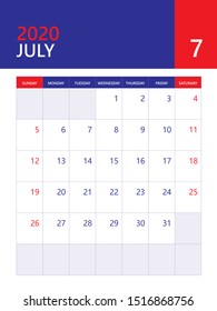 Calendar 2020 template, Desk calendar, wall calendar 2020, JULY month, poster, planner template. red and blue background, simple vertical artwork