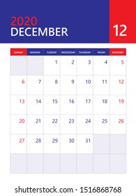 Calendar 2020 template, Desk calendar, wall calendar 2020, DECEMBER month, poster, planner template. red and blue background, simple vertical artwork
