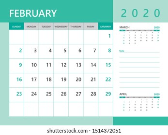 Calendar 2020 template, FEBRUARY 2020 year, desk calendar 2020 layout, corporate design planner template. Green background