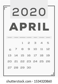 calendar 2020 template. Gray. Simple and clean design. April