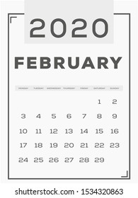 calendar 2020 template. Gray. Simple and clean design. February