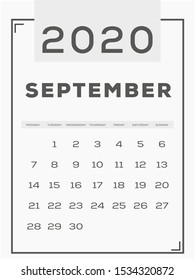 calendar 2020 template. Gray. Simple and clean design. September