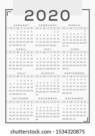 calendar 2020 template. Gray. Simple and clean design