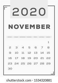 calendar 2020 template. Gray. Simple and clean design. November