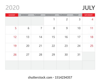Calendar 2020 template, JULY 2020 year, corporate design planner template. red background