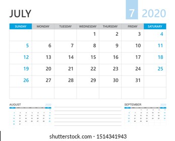 Calendar 2020 template, JULY 2020 year, desk calendar 2020 layout, corporate design planner template. blue background