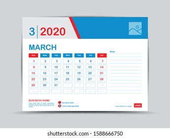 Calendar 2020 template, MARCH, printing , vector illustration
