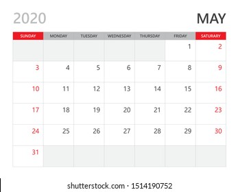 Calendar 2020 template, MAY 2020 year, corporate design planner template. red background