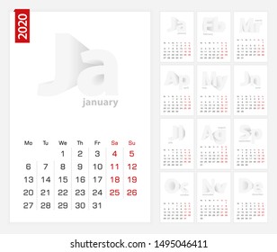 Calendar 2020 template, minimalist calendar set for 2020 year on grey background.