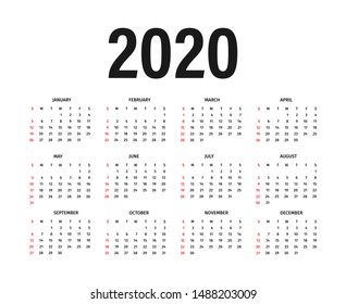 Calendar 2020 template. Calendar mockup design in black and white colors, holidays in red colors, week starts on sunday. Vector