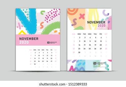 Calendar 2020 template, NOVEMBER, Desk calendar 2020, memphis style backgrounds, vector layout, printing media, advertisement, a5, a4, a3 size