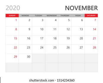 Calendar 2020 template, NOVEMBER 2020 year, corporate design planner template. red background